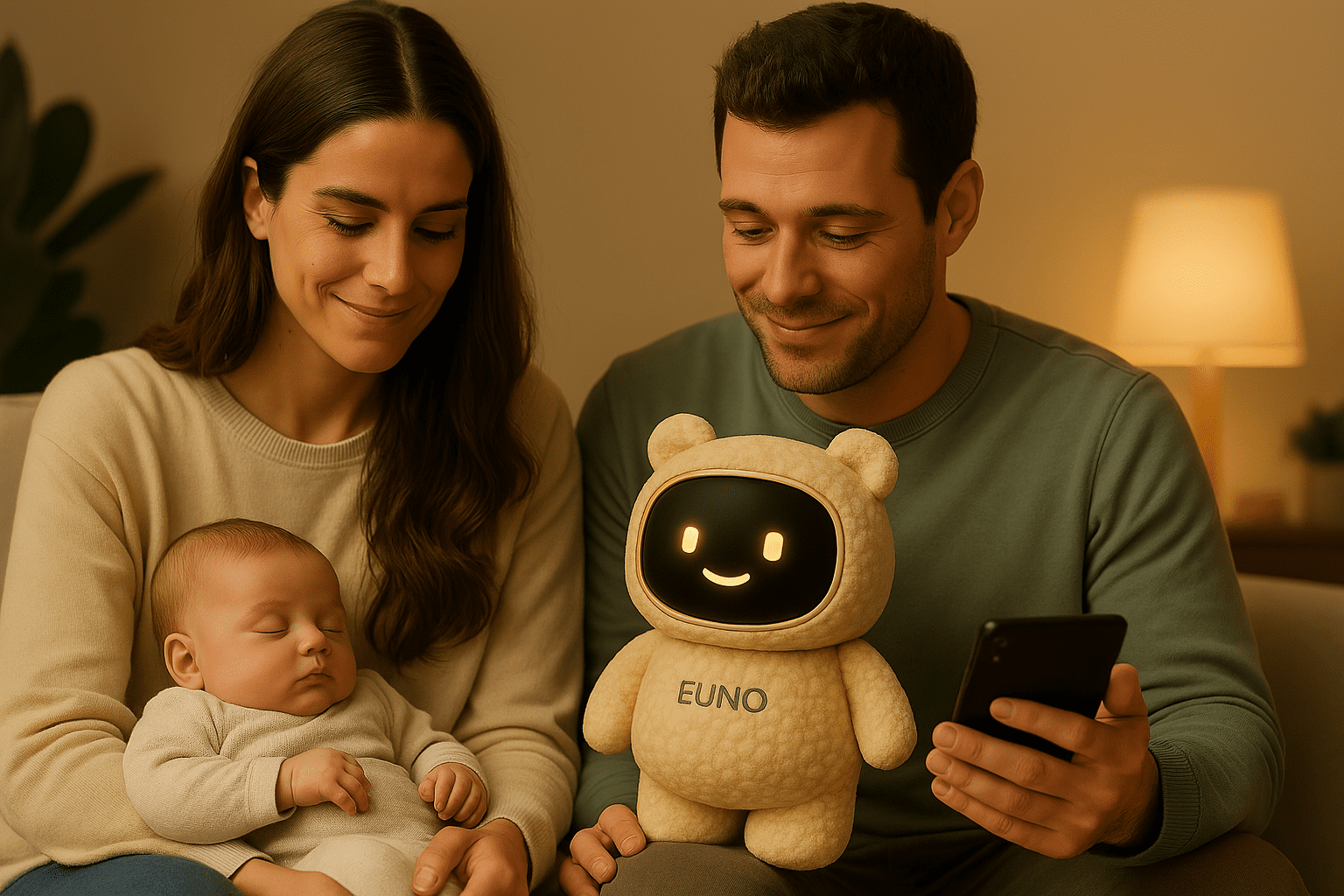 home-presence-famille-canape Famille sur le canapé avec le robot Euno