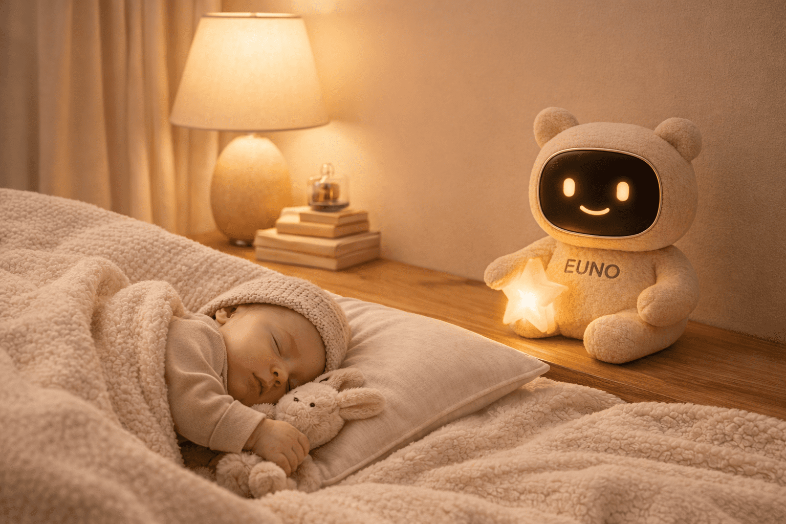 home-veille-bebe-dort Bébé qui dort avec son robot Euno